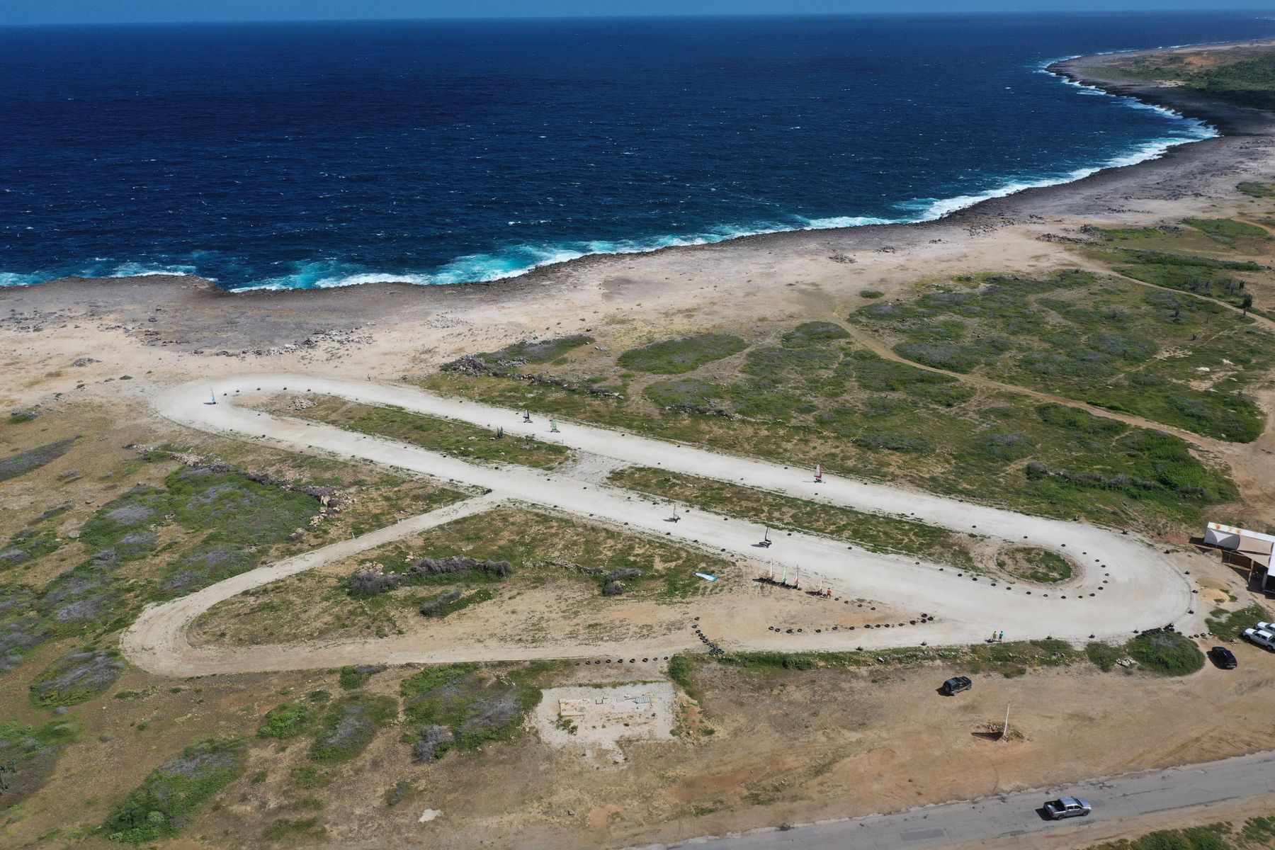 Aerial view of the Bonaire coastline and the landsailing track