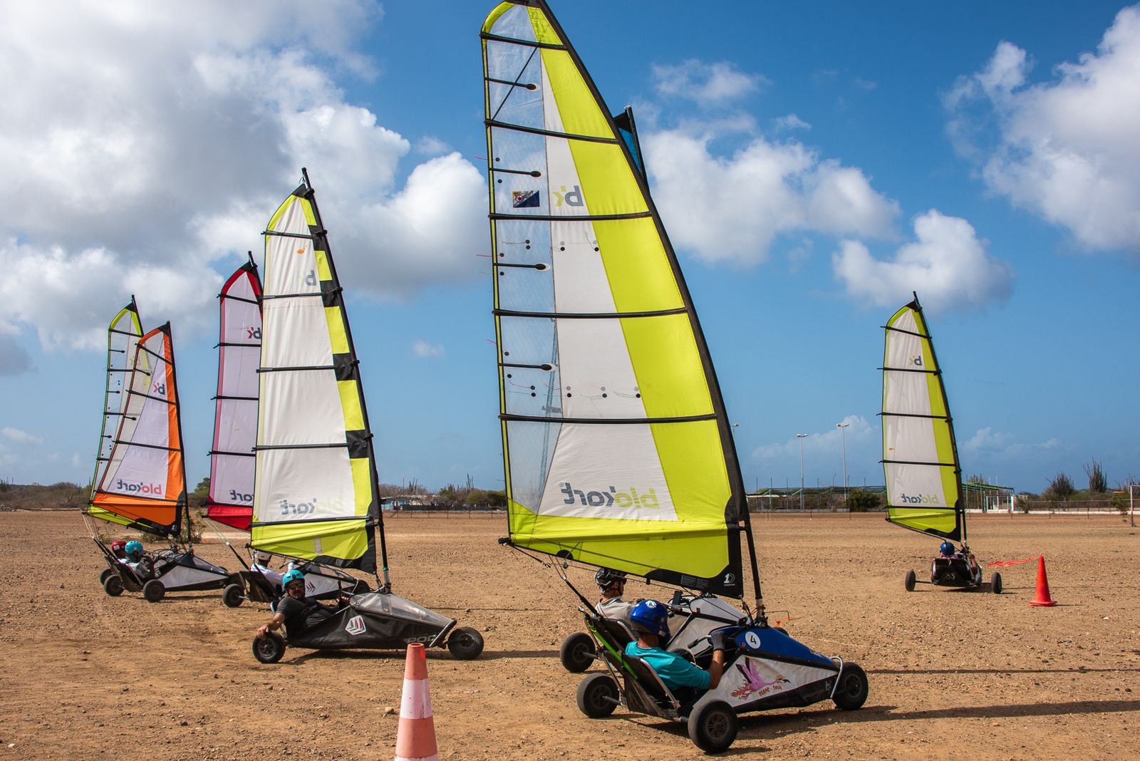 A fleet of blokarts racing on Bonaire