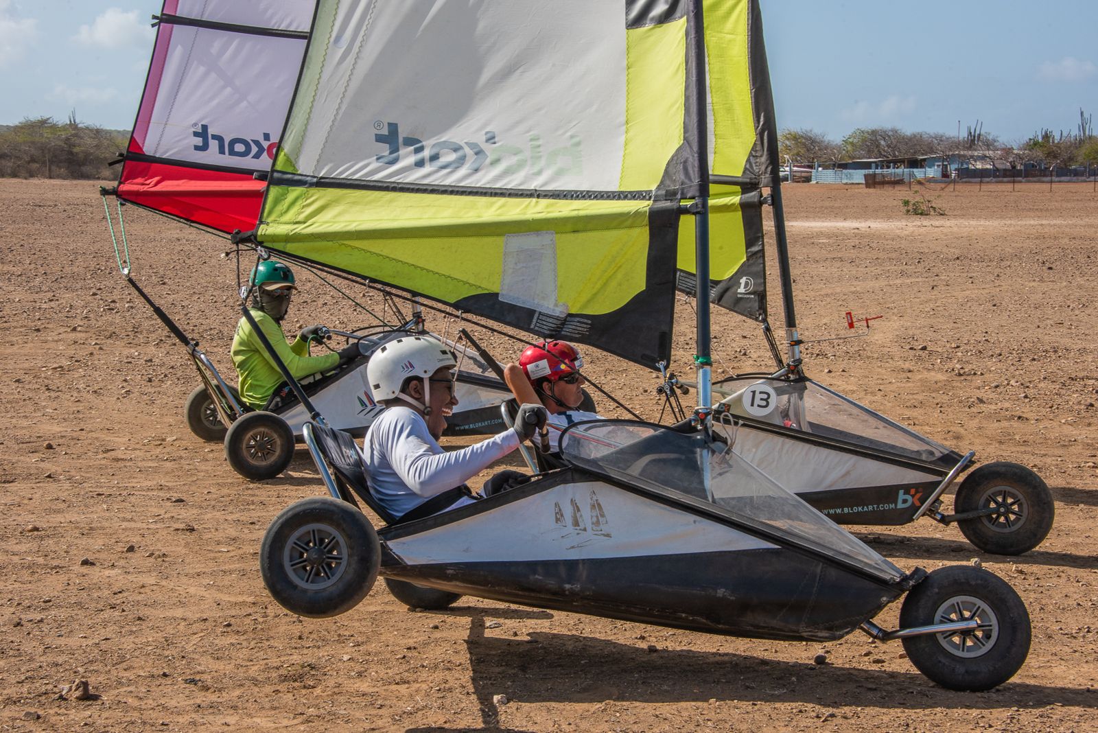 Three blokarts racing close together at Tras di Montana